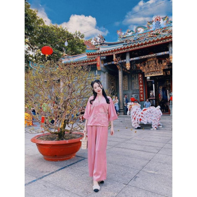 Đồ Lam Nữ Đi Chùa  SJ 01 Cao Cấp Trang Nhã Vải Lụa Hoa Nổi