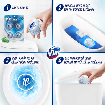Combo 3 Vỉ Viên Thả Vệ Sinh Bồn Cầu Vim Sạch Khuẩn, Sáng Bóng đến 1600 Lần Xả 180G/Vỉ