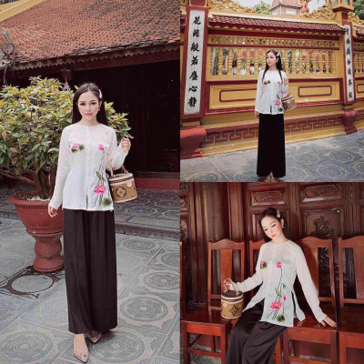 Bộ Đi Lễ Chùa - Đồ Lam Nữ Đi Chùa Đẹp Cao Cấp Trang Nhã Vải Lụa Thêu Sen Ngọc 2021 Dành Cho Phật Tử AL017