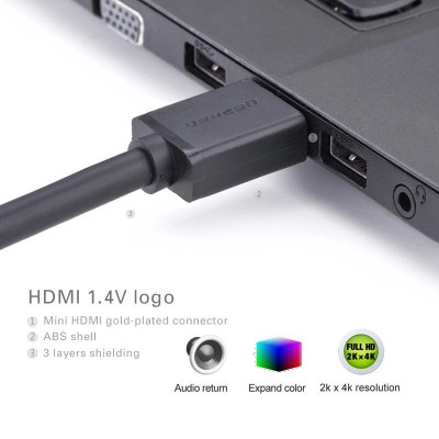 Ugreen UG10195HD108TK 1M màu Đen Cáp chuyển đổi Mini HDMI sang HDMI thuần đồng - HÀNG CHÍNH HÃNG