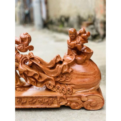 Tượng di lặc gỗ kéo bao thần tài - bằng gỗ hương đá kt 50×30×15cm