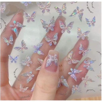 Sticker Bướm 5D Làm Nail Nhiều Mẫu Hoa Bướm Lấp Lánh Cho Móng Tay, Phụ Kiện Salon Đề Can Ánh Sáng Cho Nhiều Loại Móng Nữ Women