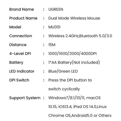 Ugreen UG25159MU001TK màu xanh 2.4G và Bluetooth Chuột không dây dùng cho máy tính laptop chất liệu nhựa ABS có kèm pin AA - HÀNG CHÍNH HÃNG