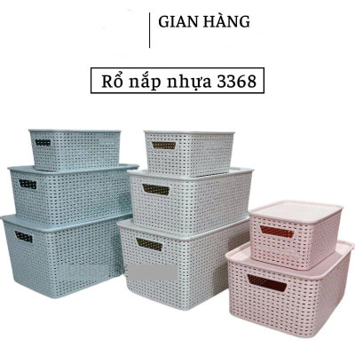  Thùng đựng đồ bằng nhựa giả mây có nắp đậy.
