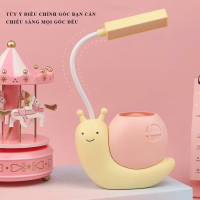 Đèn học để bàn hình ốc sên đáng yêu, đèn học cho bé có ống để bút viết tích điện sạc usb