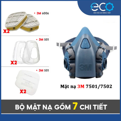 Combo (7 món) mặt nạ phòng độc 3M 7501, 7502 kết hợp phin lọc 3M 6006, tấm lọc bụi 5N11 cùng nắp giữ 501 lọc hơi hữu cơ Vô cơ, lọc bụi siêu mịn, phun sơn Lọc hơi độc chính hãng 3M