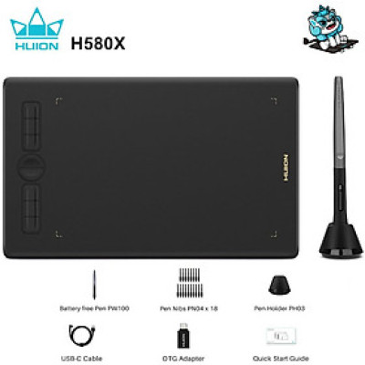 Tặng Găng Tay Vẽ Trị Giá 139K - Bảng Vẽ Cảm Ứng Huion Inspiroy H580X Màn Hình Rộng 8x5 Inch Bút Không Pin 8192 Lực Nhấn - Hàng Chính Hãng.Huion H580X Graphics Tablet Digital Battery Free Pen Tablets Signature Drawing Pad Phone Connectivity Chorm OS Androi