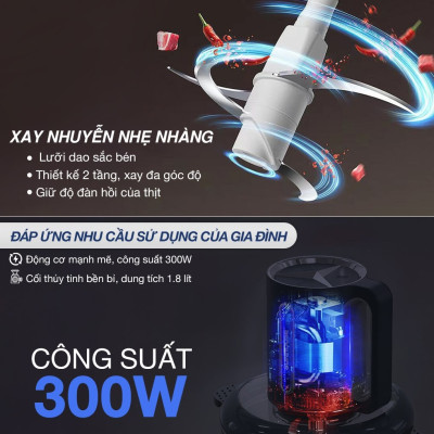 Máy xay thịt Sunhouse SHD5403 - Công suất 300W - Cối Thủy Tinh Dung tích 1.8L - 3 Tốc Độ - Lưỡi dao 4 cánh siêu khỏe - Hàng Chính Hãng