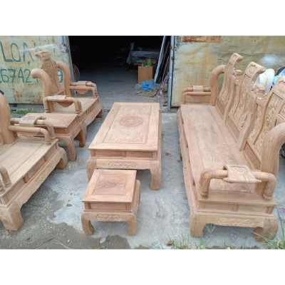 Bàn ghế phòng khách tần thủy hoàng gỗ gõ đỏ tay 12 bàn đục yếm liền