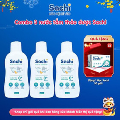 Combo 3 Nước Tắm Thảo Dược SACHI Ngừa Rôm Sảy, Cảm Lạnh Cho Bé Lọ 250ml - Tặng 1 Gạc Răng Miện Sachi