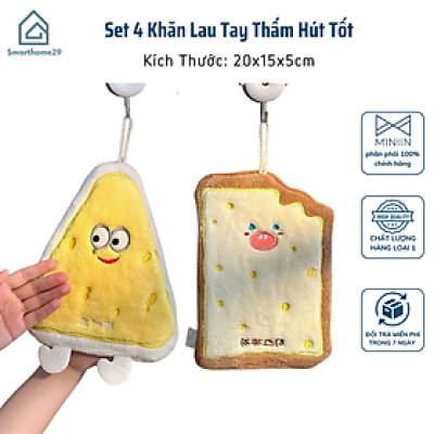 Set 4 Khăn Lau Tay Thấm Hút Tốt Họa Tiết Bánh Mỳ Phô Mai Cute - Khăn Mềm Mịn, Thấm Hút Tuyệt Vời - HÀNG CHÍNH HÃNG MINIIN