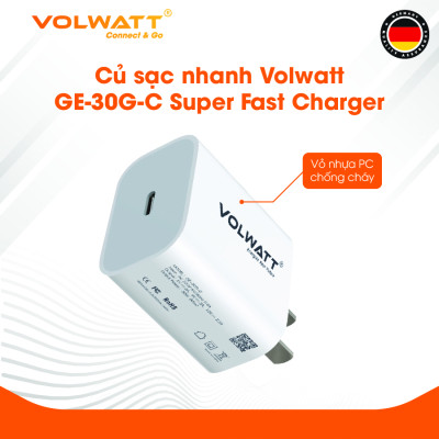 Củ sạc nhanh  Volwatt GE-30G-C Super Fast Charger dùng cho iPhone/ Samsung/ OPPO... (30W, Type C, PD/ QC3.0 Quick charger) - Hàng chính hãng - Bảo hành 12 tháng