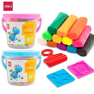 Set 2 hộp đất nặn nhiều màu Deli - Chất liệu an toàn - có khuôn kèm và hộp Deli 7022 / 7031