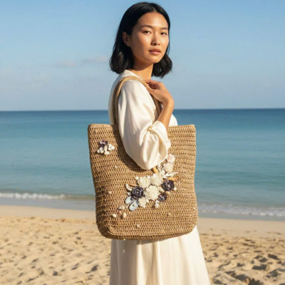 Giỏ Cói Giấy Mềm Dáng Tote Gắn Vỏ Sò, Giỏ Cói Tote Lan Châu ACC142