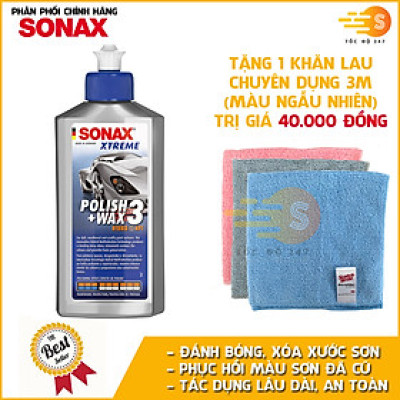 Kem đánh bóng, xóa xước và bảo vệ sơn xe ô tô 3in1 Sonax 202100 250ml - Tặng 1 khăn lau 3M màu ngẫu nhiên - phục hồi sơn cũ, xóa vết xước nhỏ và bảo vệ sơn xe toàn diện