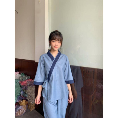 ĐỒ LAM ĐI CHÙA PHÁP PHỤC PHẬT GIÁO # xéo nhạt nơ viền to