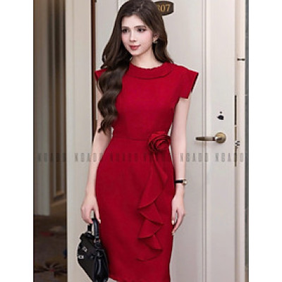 Đầm đỏ bút chì phối hoa NGADO , đầm nữ , đầm bút chì , đầm dự tiệc