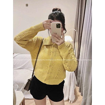 Áo Len Nữ Cổ Sóng Màu Vàng Form Ngắn Hack Dáng, Chất Len Mềm Mịn Hot Trend