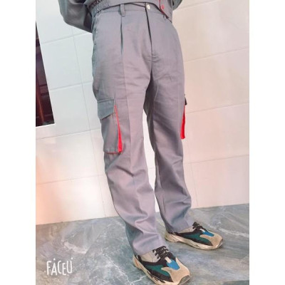 Quần áo kaki nam bảo hộ lao động dài tay khóa kéo shuni form rộng màu ghi xám phối đỏ - SHU006B