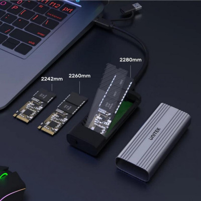HỘP ĐỰNG Ổ CỨNG DI ĐỘNG SSD GIAO DIỆN USB-C 10GB RA CỔNG M2 PCLE/SATA ENCLOSURE S1225A UNITEK - HÀNG CHÍNH HÃNG