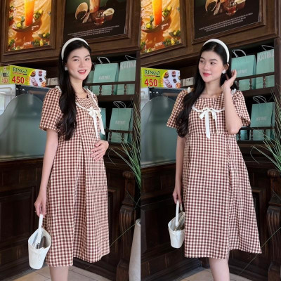 Đầm bầu Karo xếp ly cổ viền bèo xinh xắn, nhẹ nhàng baby nhẹ nhàng đáng yêu