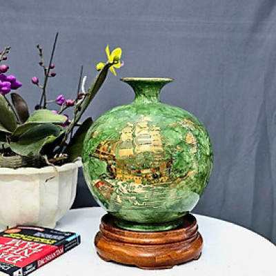 Bình hút tài lộc thuận buồm xuôi gió vẽ vàng 18k men xanh vân đá H25, H30 cm gốm sứ Bát Tràng tặng kèm đế gỗ