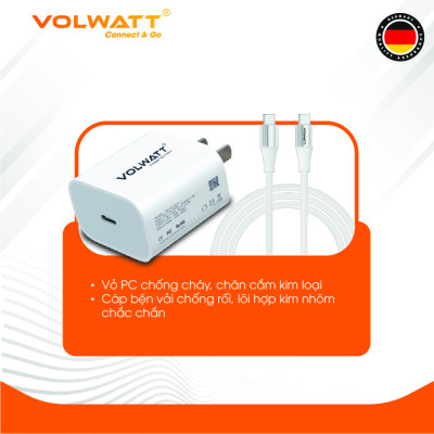 Bộ củ cáp sạc nhanh Volwatt GE-20-SCC 20W hàng chính hãng | Adapter PD Type-C + Cáp Type-C to Type-C 60W, dài 1m – BH 12 tháng