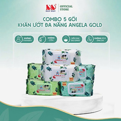 Combo  5 gói Khăn ướt đa năng cho bé Baby Angela Gold vải không dệt rayon cao cấp 100 miếng (18x20cm)
