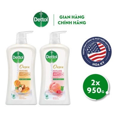 COMBO 2 CHAI SỮA TẮM DETTOL ONZEN MẬT ONG KHÁNG KHUẨN DƯỠNG THỂ VÀ DƯỠNG DA ĐÀO & PHÚC BỒN TỬ (950G/CHAI)