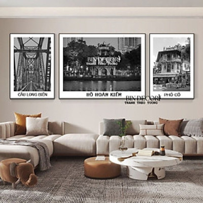 (HCM) Tranh treo tường Hà Nội trắng đen 3 trang trí quán ăn, nhà hàng,khách sạn kèm đinh treo