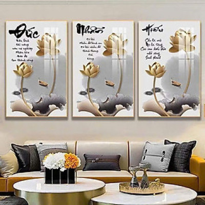 (HCM) Tranh treo tường hoa sen và chữ Đức Nhẫn Hiếu trang trí phòng khách, phòng làm việc kèm đinh treo