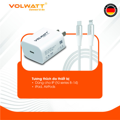 Bộ củ cáp sạc nhanh Volwatt GE-20-SCL 20W hàng chính hãng | Adapter PD Type-C + Cáp Type-C to L 27W, dài 1m – Sạc nhanh cho iPhone/iPad