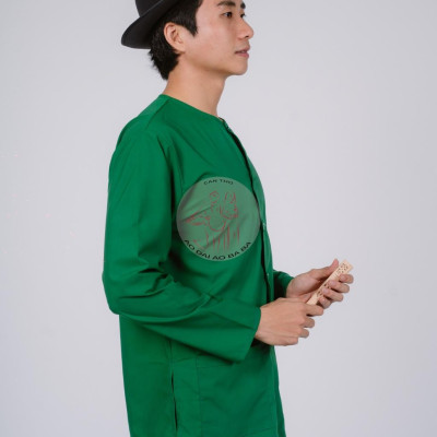 Bộ áo bà ba nam phối áo cate xanh lá + Quần cate đen - Có bộ bà ba Bigsize