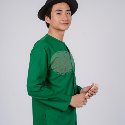 Bộ áo bà ba nam phối áo cate xanh lá + Quần cate đen - Có bộ bà ba Bigsize