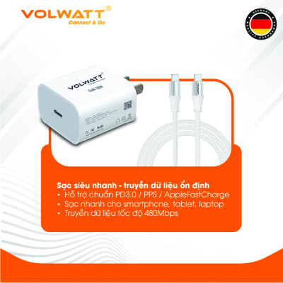 Bộ củ cáp sạc siêu nhanh Volwatt GE-30G-SCC 30W GaN hàng chính hãng | Adapter PD Type-C + Cáp Type-C 60W, BH 12 tháng