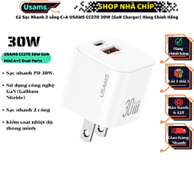 Củ Sạc Nhanh 2 cổng C+A USAMS CC270 30W (GaN Charger) Hàng Chính Hãng