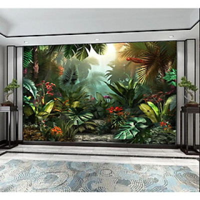 (HCM) Tranh dán tường 3d rừng lá nhiệt đới tropical có sẵn keo( có in theo kích thước yêu cầu)