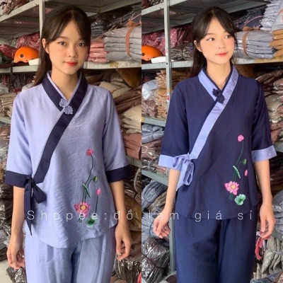Đồ Lam Đi Chùa Xéo Nơ Hoa Cúc 1 Nút Thắt