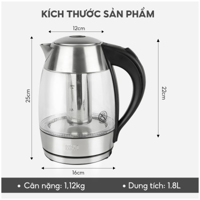 Ấm siêu tốc, bình thủy tinh Lebenlang LBLB2226 có lõi lọc trà, công suất 2200W, dung tích 1800ml, bảo hành 2 năm - hàng chính hãng
