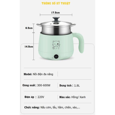 Nồi Điện Đa Năng Chống Dính Mini Tặng Kèm Lồng Hấp Nấu Mỳ, Lẩu, Cơm DM111 Phù Hợp Cho 1-2 Người - Dung Tích 1.8L
