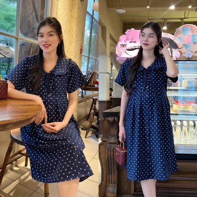 Đầm bầu chấm bi cổ sen phối nút dáng suông cho mẹ mang bầu và sau sinh Váy Bầu Dễ Thương