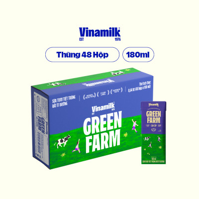 Thùng 48 Hộp Sữa Tươi Tiệt Trùng Vinamilk Green Farm Rất ít đường - Lốc 4 Hộp 180ml