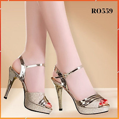 Giày sandal nữ đẹp cao gót 9 phân hàng hiệu rosata hai màu đồng bạc da mềm ro559