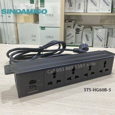 Sinoamigo STS-HG60B-5: Hộp ổ cắm Âm Bàn Hiện Đại Với Thiết Kế Lắp Âm Dưới Bàn - Tích hợp 4 ổ cắm đa năng, 1 cổng sạc USb type C (PD) và 1 cổng sạc USB type A (QC-3.0) - Hàng chính hãng