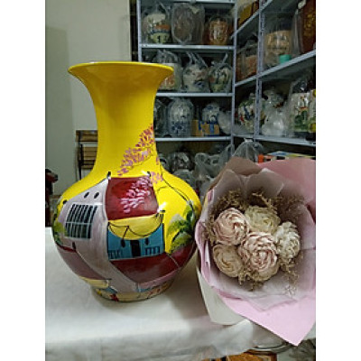 Bình tỏi cắm hoa gốm sứ Bát Tràng vẽ cảnh phố cổ