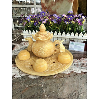 Bộ ấm trà chạm rồng đá ngọc hoàng long