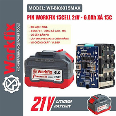 ( Pin Workfix Power Stack - xả 15 C) Dòng pin cao cấp workfix 15 cel- xả 15 C - Chân pin phổ thông M21- mạch xả cao lên tới 80 A- dùng được cho máy hãng MKT- dùng cho máy khoan pin , mày pin, siết bulong pin, cắt cỏ pin