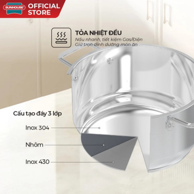 Bộ nồi chống dính đáy từ Sunhouse SHG604E Inox 304 - Bộ 2 nồi size 16/20cm - Công nghệ đáy từ Impact Bonding - Hàng chính hãng