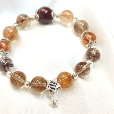 Vòng Tay Laliz Mệnh Thổ ,Kim Đá Thạch Anh Tóc Nâu Mix Đá Ưu Linh Charm Ngôi Sao Bạc - TAR.03