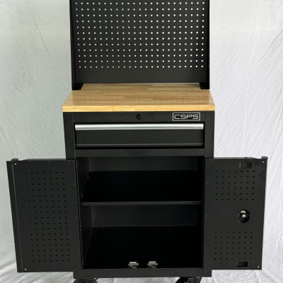 Tủ dụng cụ CSPS 61cm - 01 hộc kéo màu đen bánh xe ván gỗ vách lưới (tay cầm trắng)